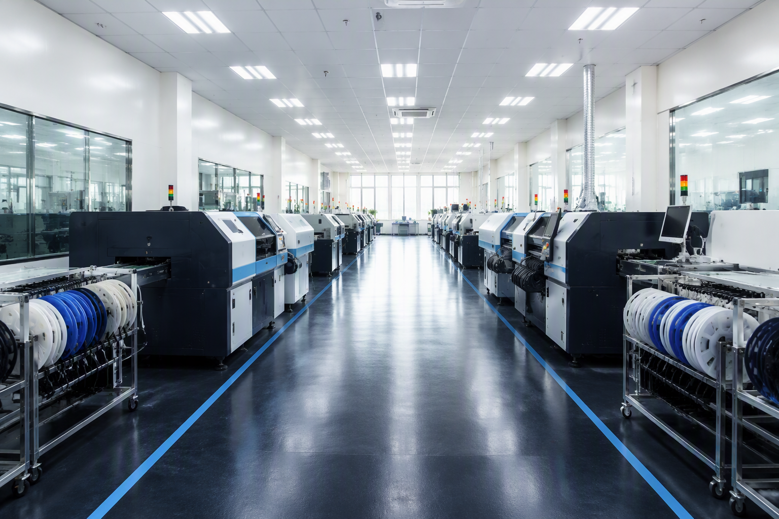 Rows of automated SMT production lines inside the Xinguang factory