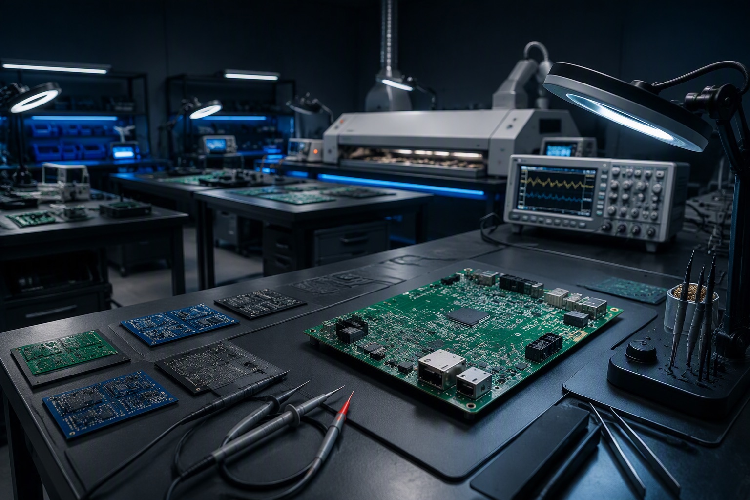 Engineering workbenches with PCB samples, oscilloscope and inspection table