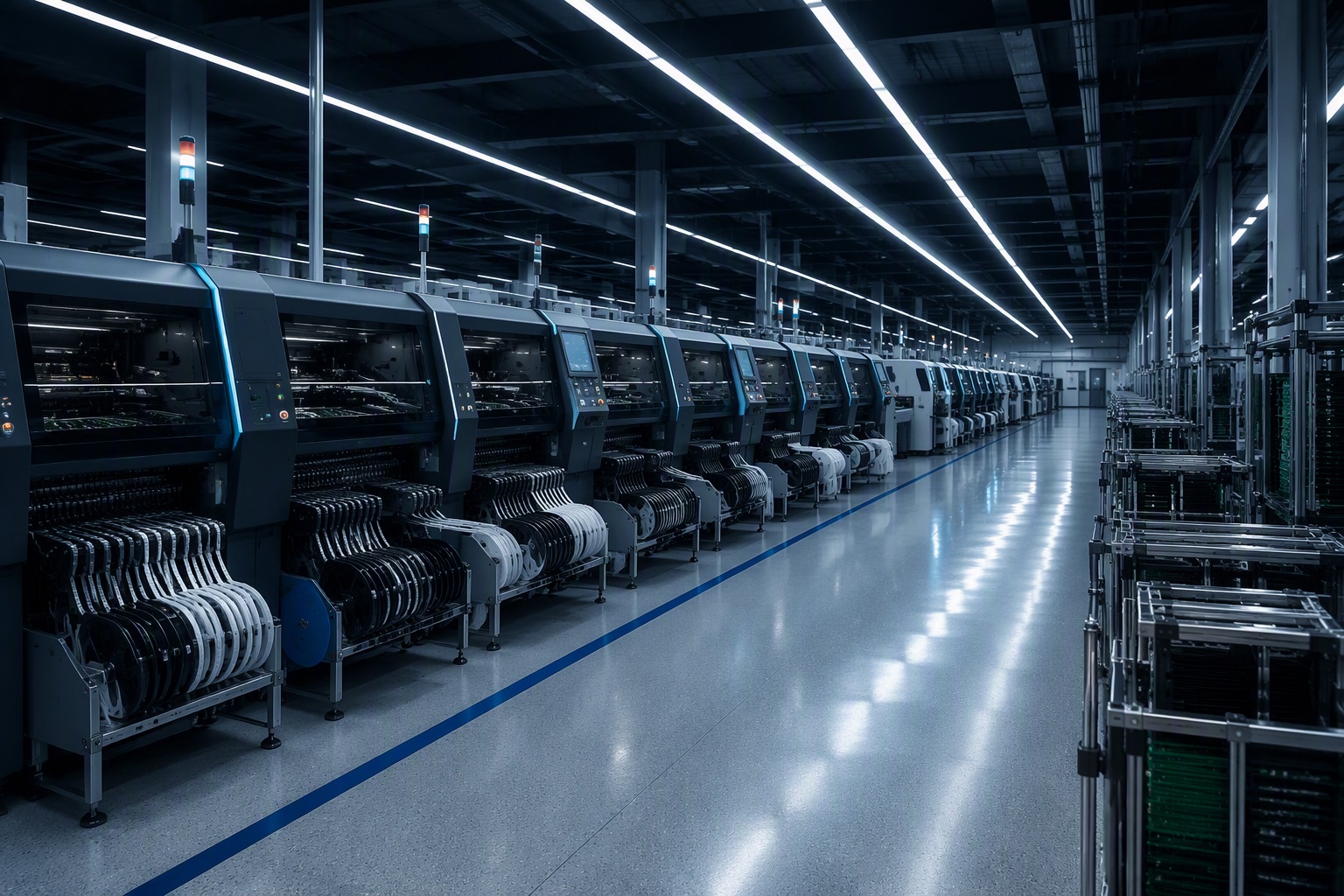 Long row of SMT placement machines with component feeders in the Xinguang workshop