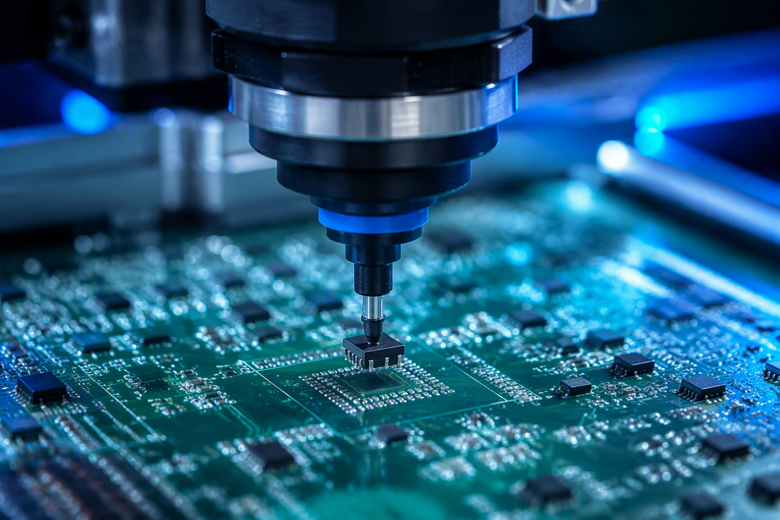 High-precision chip mounter placing a micro-component onto a green PCB