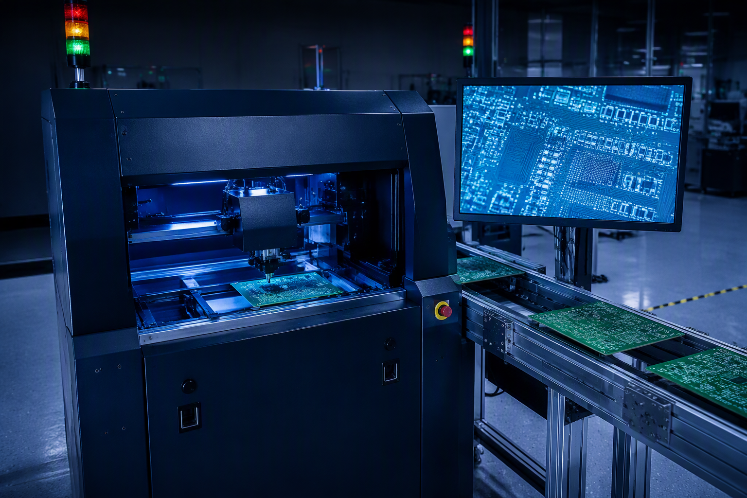 AOI inspection machine scanning boards on the quality line