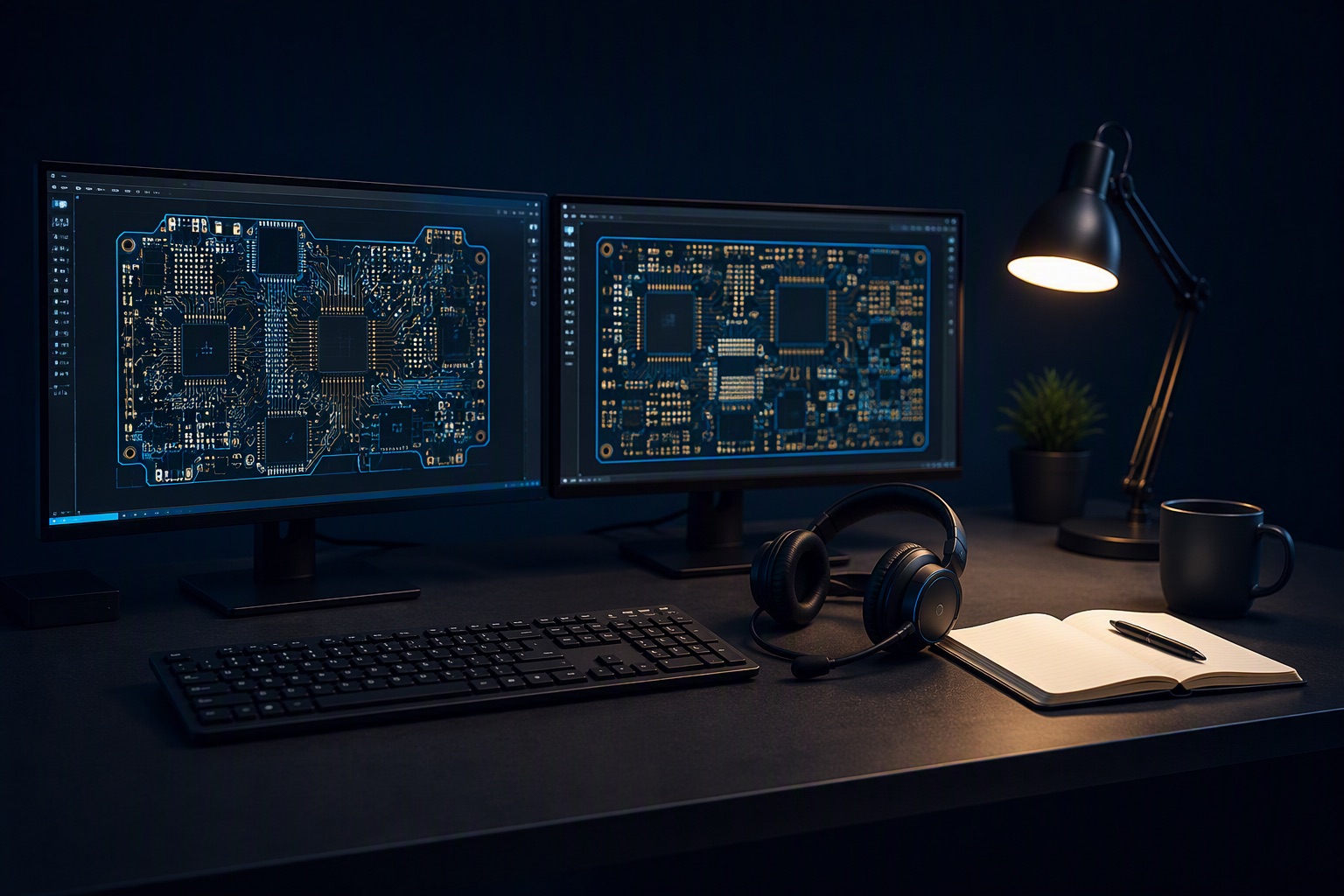 Engineering support desk with a dual-screen PCB workstation, headset and notebook