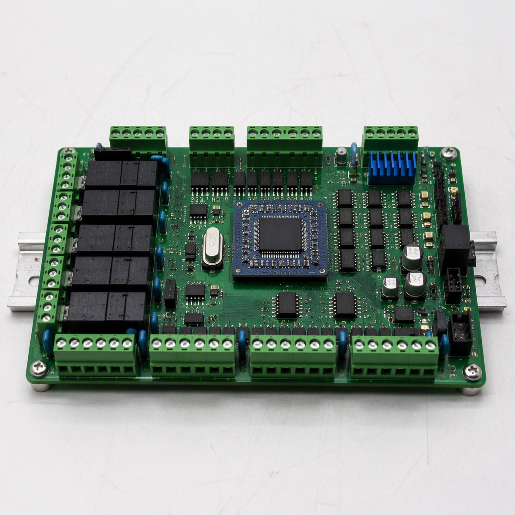 Industrial automation controller PCB with I/O terminals and FPGA module