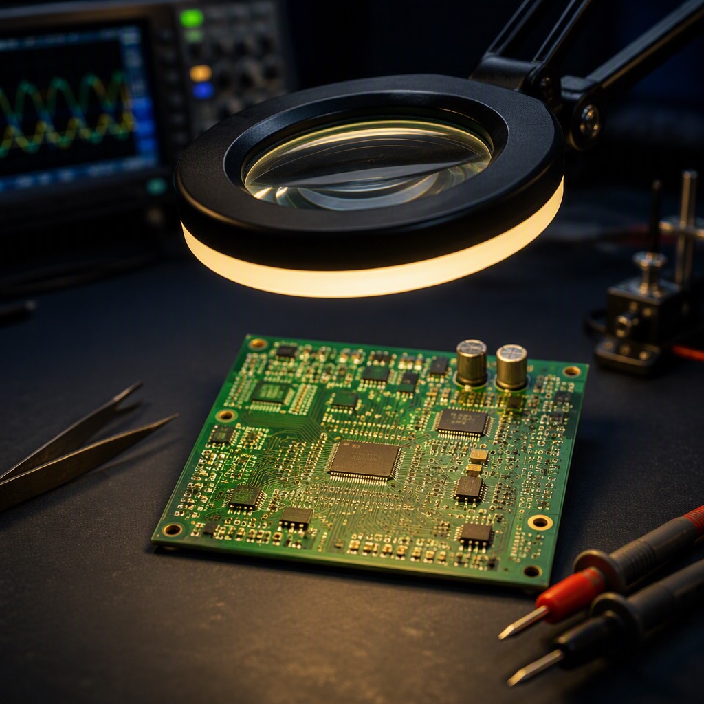 Engineer inspecting a PCB under a magnifier lamp on the workbench