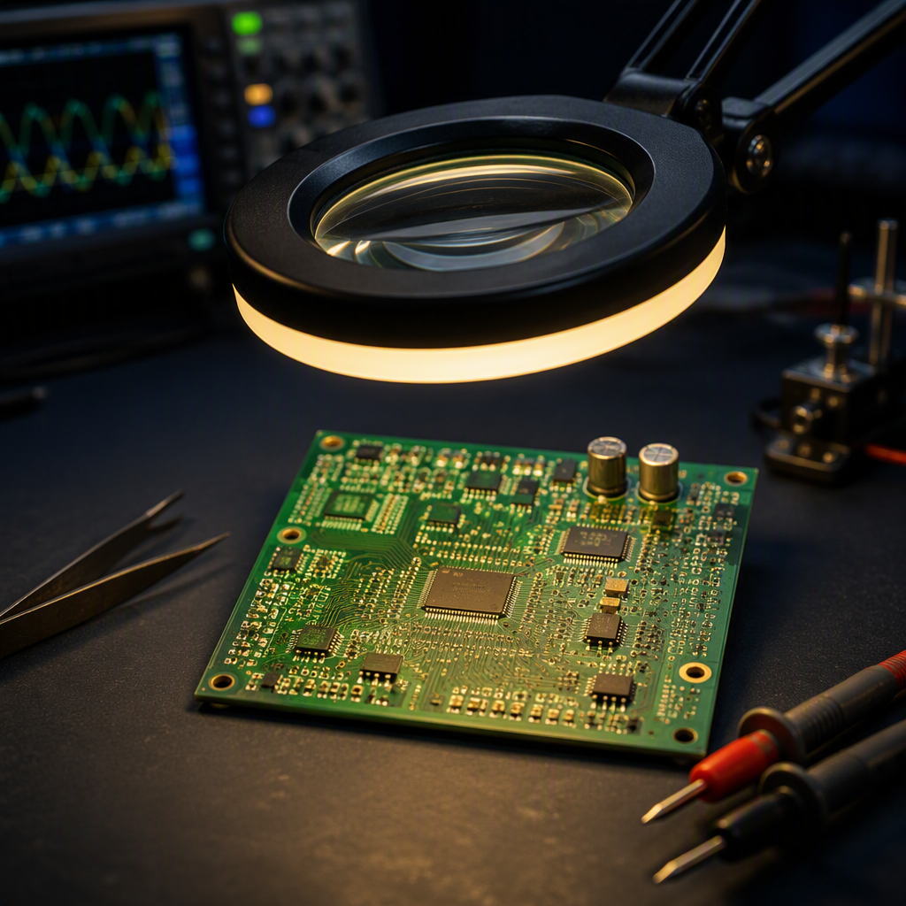 Engineer inspecting a PCB under a magnifier lamp on the workbench