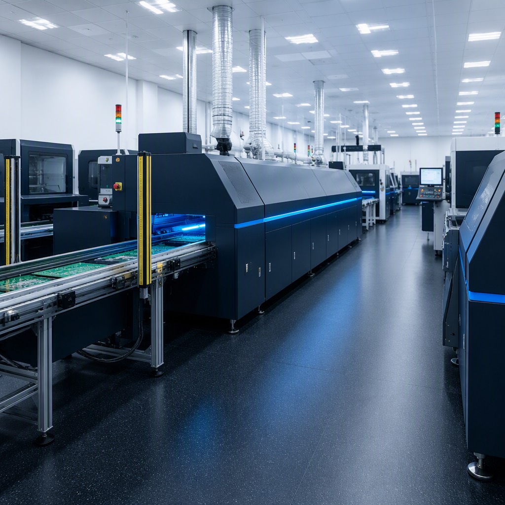 Automated PCB assembly line with reflow oven in a clean factory