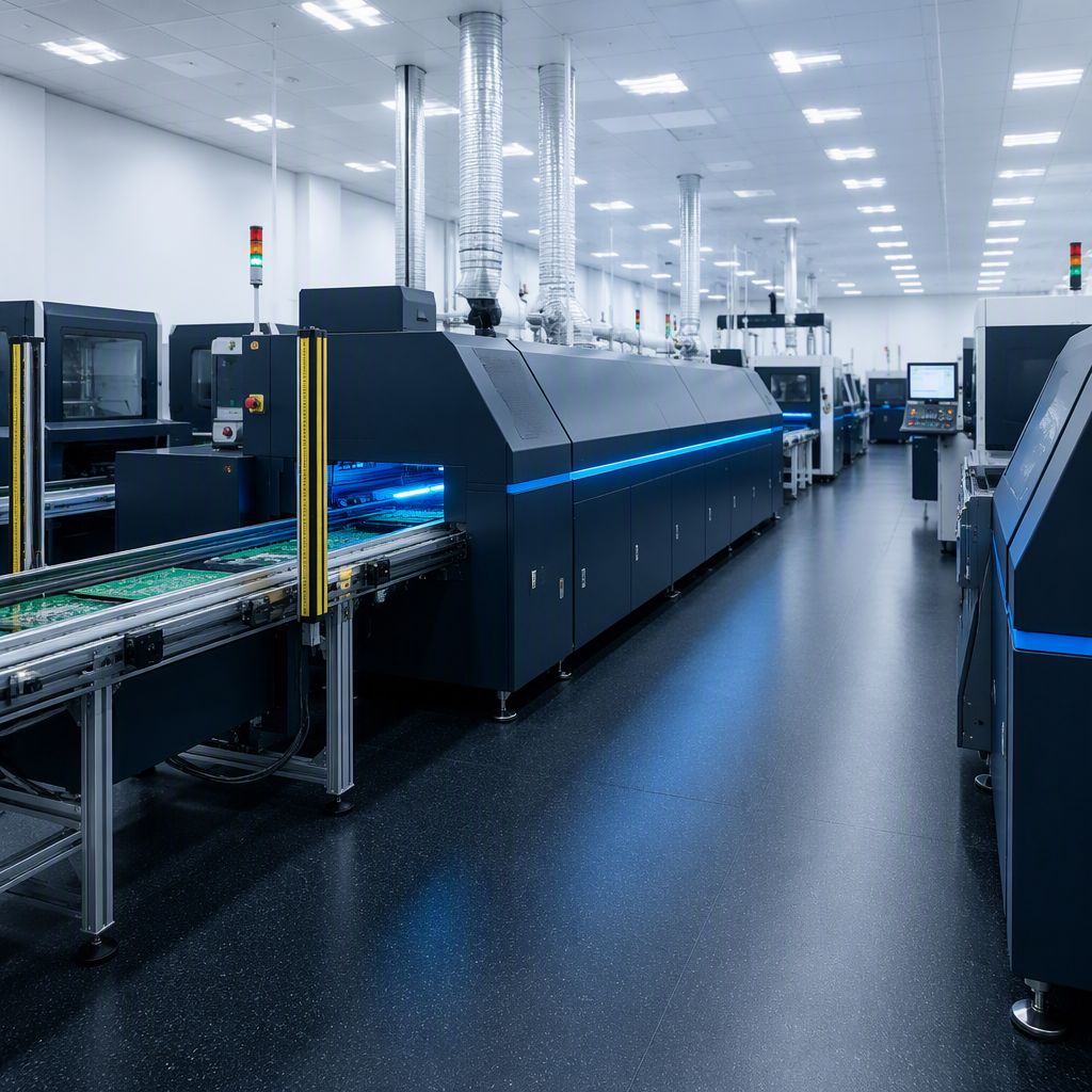 Automated PCB assembly line with reflow oven in a clean factory