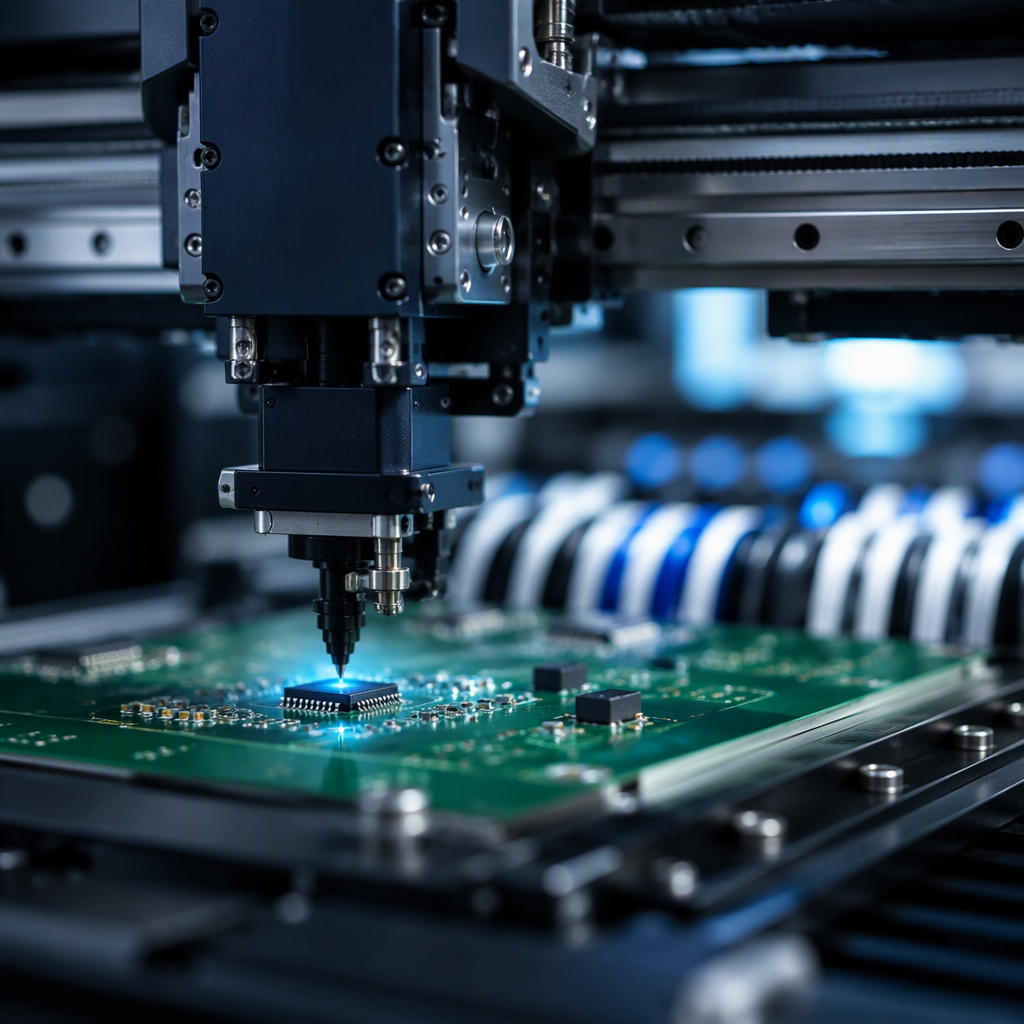 Close-up of an SMT pick-and-place machine placing a component on a PCB