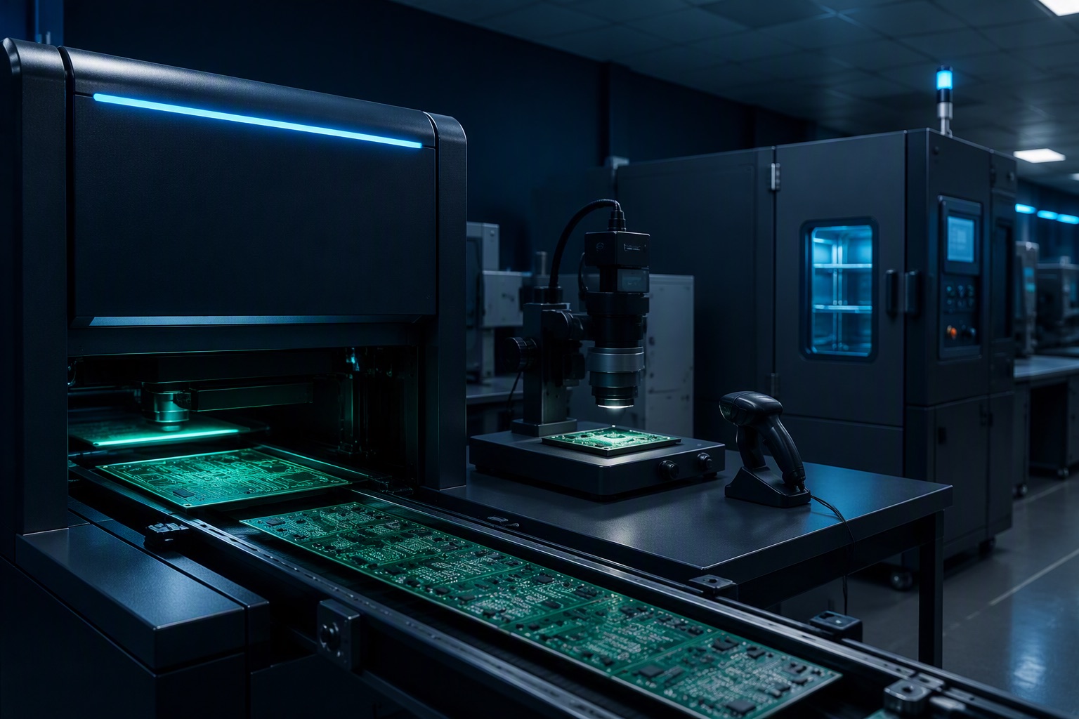 QC lab with AOI scanner on a conveyor feeding green PCBs and a thermal chamber