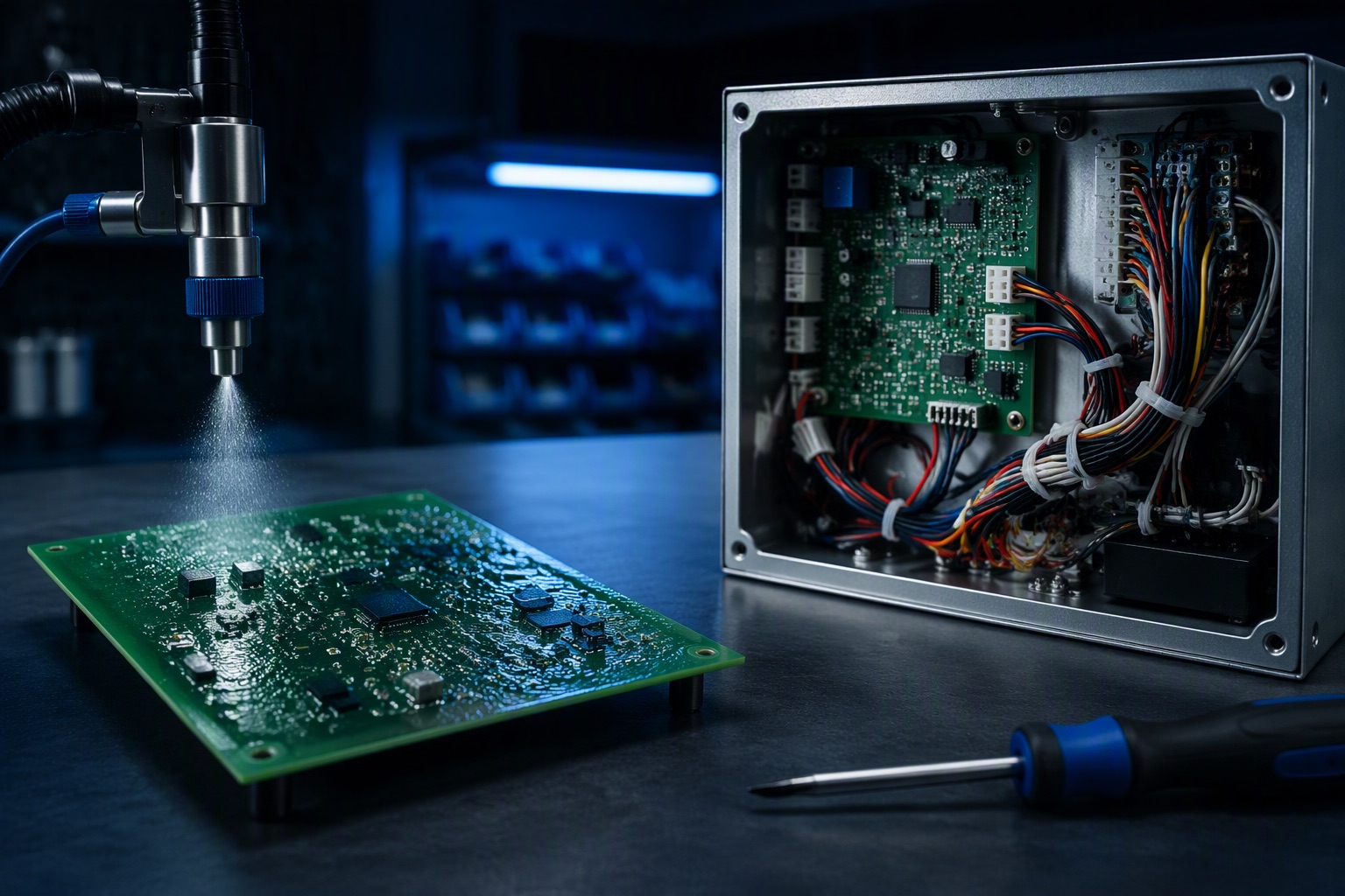 Box-build workbench integrating an electronics enclosure with PCB and wiring harness