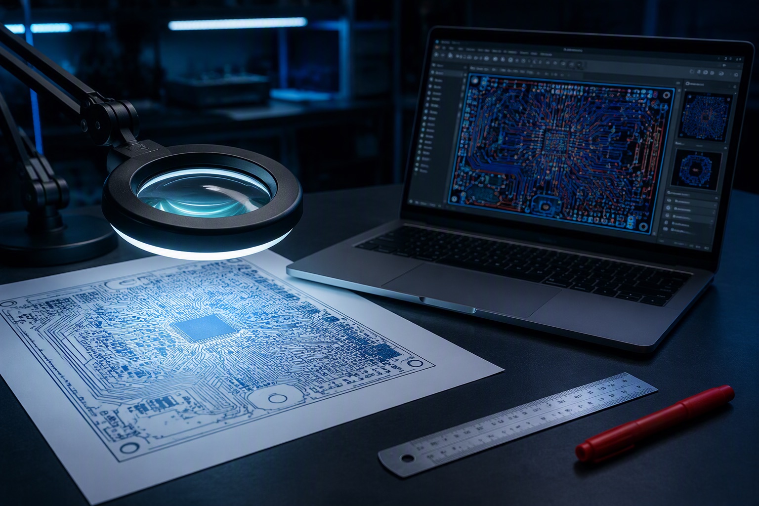 DFM engineer reviewing a PCB layout drawing under a magnifying lamp beside a CAD laptop