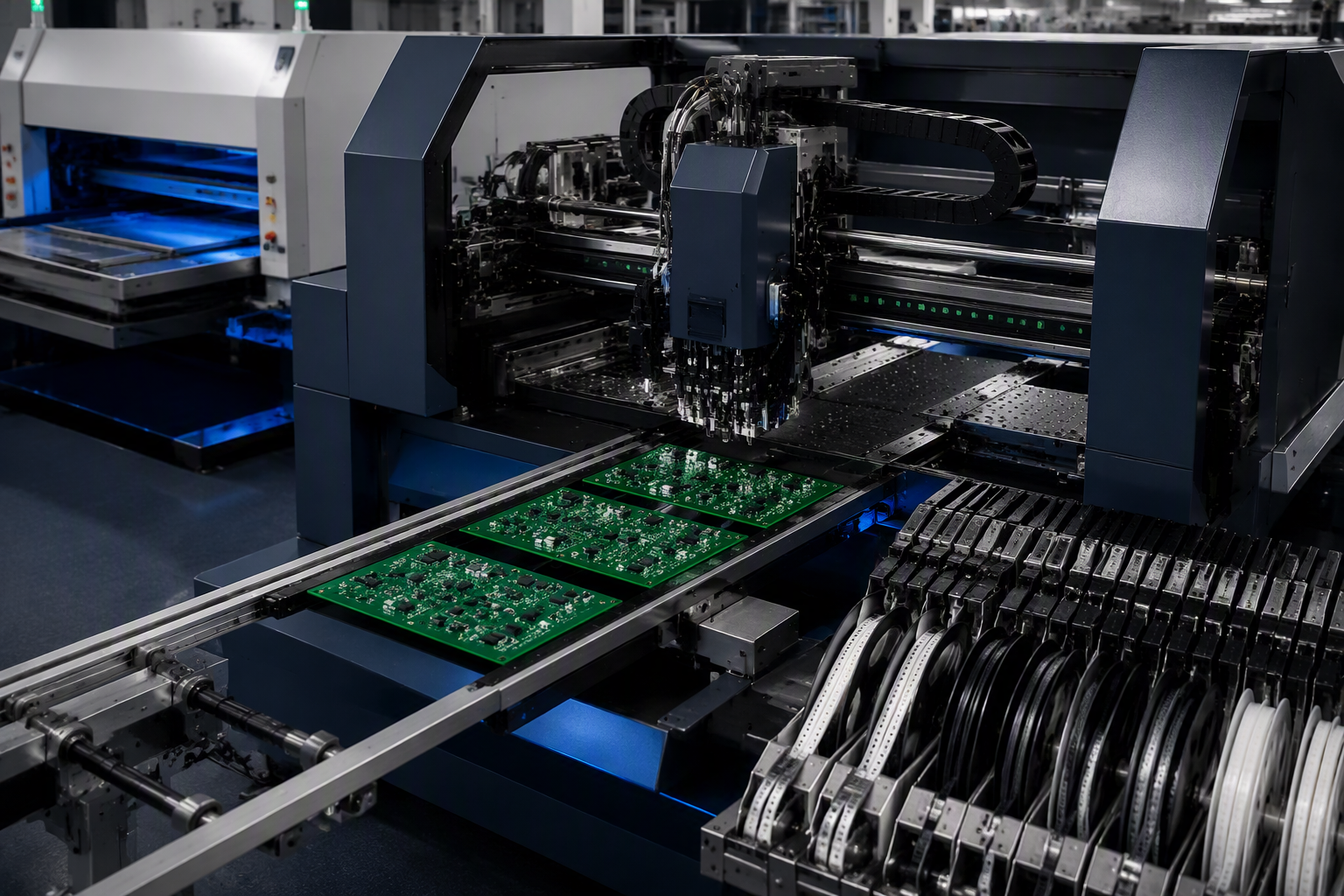 SMT surface-mount assembly line placing components on green PCBs