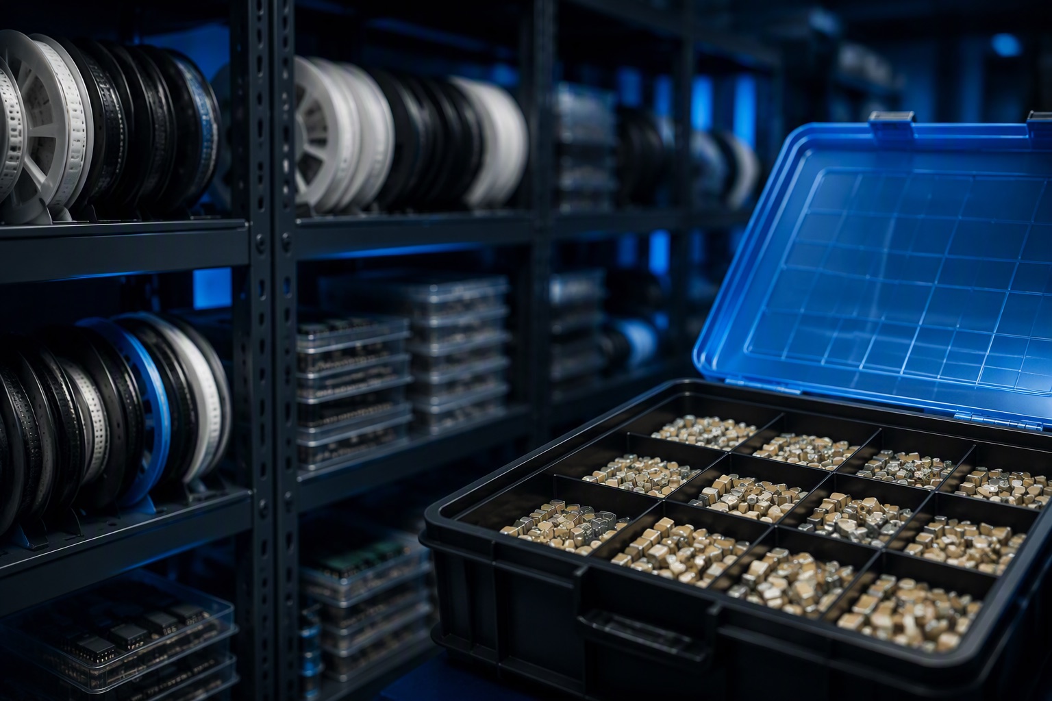 Component warehouse shelves stacked with SMD reels and trays of microchips