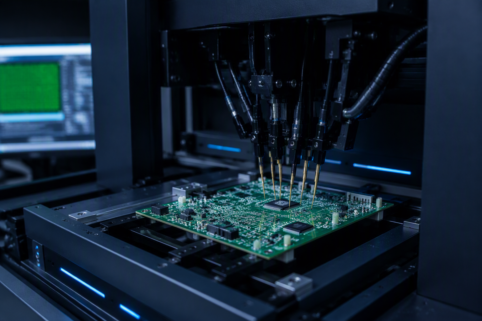 Automated functional test station with flying-probe tester on a green PCB