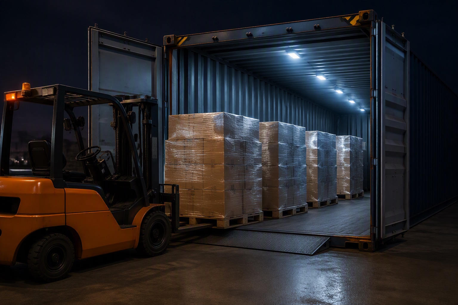 Sealed ocean shipping container with shrink-wrapped pallets of PCB cartons and a forklift
