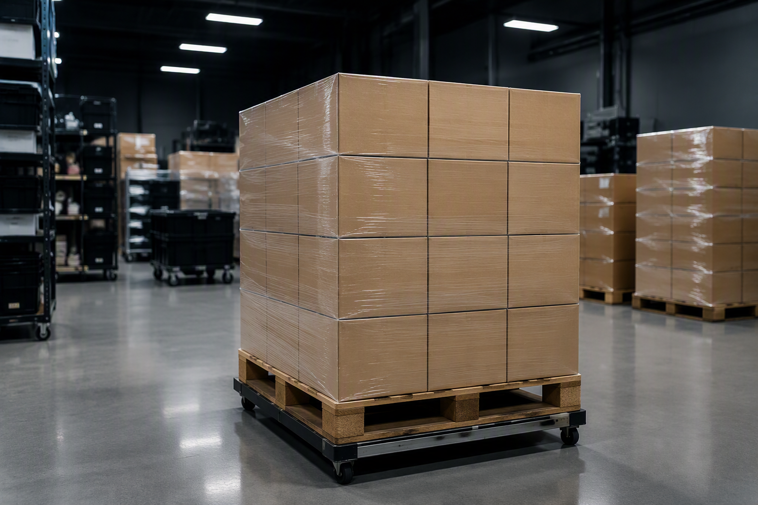 Packed PCB cartons on pallets wrapped in stretch film in a clean warehouse